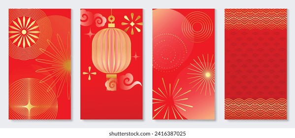 Chinese New Year cover background vector. Luxury background design with chinese pattern, flower, lantern cloud, firework. Modern oriental illustration for cover, banner, website, social media.