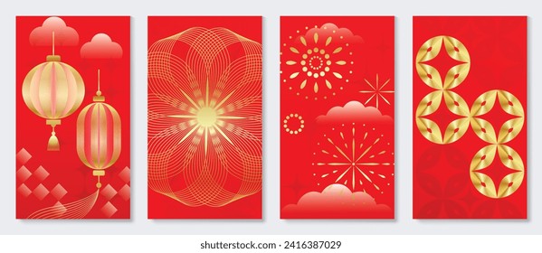 Chinese New Year cover background vector. Luxury background design with chinese pattern, flower, firework, lantern. Modern oriental illustration for cover, banner, website, social media.