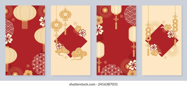 Vector de fondo de cobertura de Año Nuevo chino. Diseño de fondo de lujo con estampado chino, linterna, nube, fuegos artificiales, flor, moneda. Ilustración oriental moderna para portada, banner, sitio web, medios sociales.