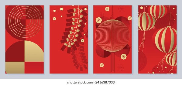 Vector de fondo de cobertura de Año Nuevo chino. Diseño de fondo de lujo con linterna china, petardo, flor, brillo. Ilustración oriental moderna para portada, banner, sitio web, medios sociales.