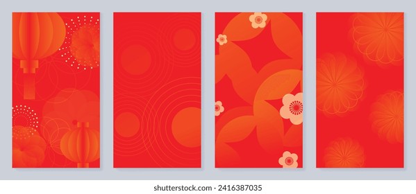 Chinese New Year cover background vector. Luxury background design with chinese lantern, flower, firework, line. Modern oriental illustration for cover, banner, website, social media.