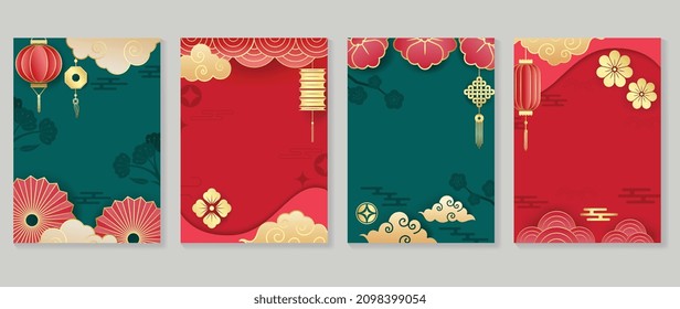 
Chinese New Year covers background vectors. Luxury background design with gold Chinese  lantern and oriental decorative element for Asian Lunar New Year holiday cover, poster, ad and sale banner.