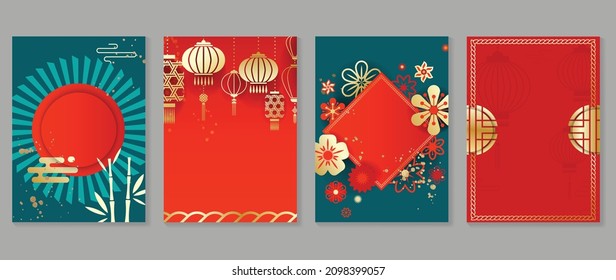 
Chinese New Year covers background vectors. Luxury background design with gold Chinese  lantern and oriental decorative element for Asian Lunar New Year holiday cover, poster, ad and sale banner.