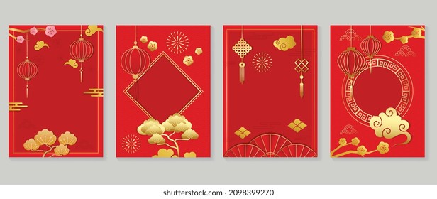 
Chinese New Year covers background vectors. Luxury background design with gold Chinese  lantern and oriental decorative element for Asian Lunar New Year holiday cover, poster, ad and sale banner.
