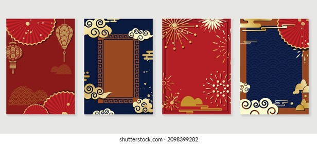 
Chinese New Year covers background vectors. Luxury background design with gold Chinese  lantern and oriental decorative element for Asian Lunar New Year holiday cover, poster, ad and sale banner.