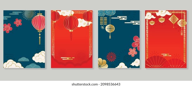 Chinese New Year covers background vectors. Luxury background design with gold Chinese  lantern and oriental decorative element for Asian Lunar New Year holiday cover, poster, ad and sale banner.