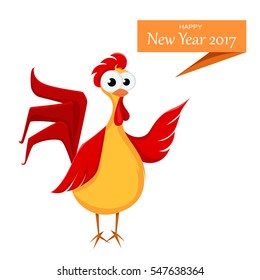 Chinese New Year. Crazy cartoon red rooster wishes Happy New Year. Funny rooster on white background. Cock, domestic animal. Symbol on New Year 2017