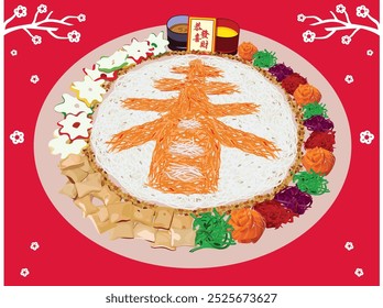 Cocina china del año Nuevo: Prosperity Toss o Yu Sheng con 'Chun' - Carácter de primavera en la parte superior y Paquete rojo en 'Gong Xi Fatt Cai' - ¡Que tengas un próspero año Nuevo!