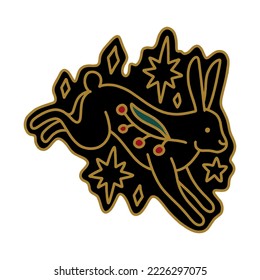 Chinese New Year cute black rabbit design concept. Hand drawn adorable Noel baby hare ornate illustration isolated on white background. Vector clipart element for Christmas holiday designs.