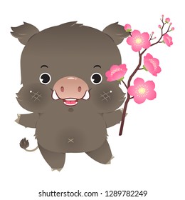 Chinese new year of cute boar holding plum blossom flower branch. Zodiac sign for greetings card, invitation, posters, brochure, banners, calendar.