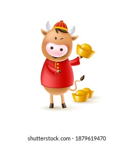 Chinese New Year cute bull. Funny character in cartoon 3d style. Year of the Ox zodiac. Happy bull with gold coin, ingot and scroll. Isolated on white. Vector illustration.