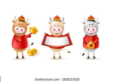 Chinese New Year cute bulls. Funny characters in cartoon 3d style. Year of the Ox zodiac. Happy bulls with gold coin, ingot and scroll. Isolated on white. Vector illustration.