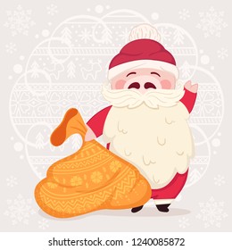 Chinese New Year. Cute cartoon cheerful piglet Santa Claus with yellow gift bag. Christmas character. Card, print.The year of the pig. Isolated vector illustration on blue background with snowflake.