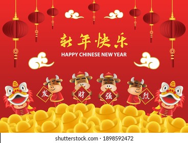 Chinese new year cute of cartoon design in the year of ox,vector illustration (Chinese letters meaning Happy chinese new year )