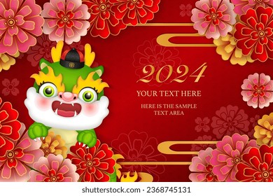 Chinese new year of cute cartoon dragon and round peony flower curve wave