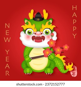 Chinese new year of cute cartoon dragon holding plum blossom flower branch. Chinese translation : New year
