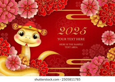 Chinese new year of cute cartoon snake and round peony flower curve wave