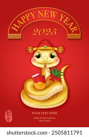 Chinese new year of cute cartoon snake standing holding golden ingot red envelope and pineapple. Chinese translation : New year