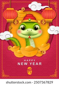 Chinese new year of cute cartoon snake and golden ingot spiral curve cloud lantern. Chinese Translation : Snake