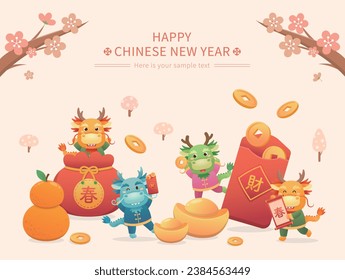 Chinese New Year with cute dragon character or mascot, red paper package with gold coins and gold ingots with plum blossoms, vector cartoon style, translation: spring