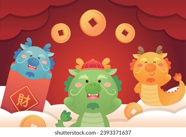 Chinese New Year with cute dragon character or mascot, New Year element and poster design, mythological animal, translation: fortune