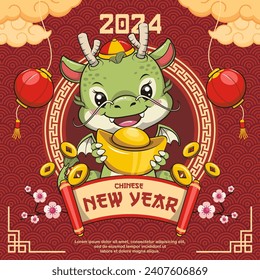 Chinese New Year With Cute Dragon And Gold Ingot. Year Of The Dragon. 2024