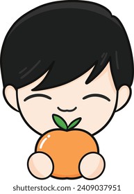 Chinese New Year, Cute Mascot Kid with Black Hair Holding Orange and Cartoon illustration.
