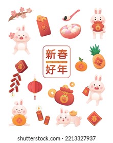 Chinese New Year with cute rabbit character or mascot, various New Year elements: red paper bag or coins, vector cartoon style, Chinese translation: Happy New Year