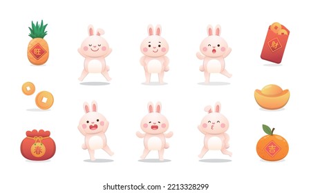 Chinese New Year with cute rabbit character or mascot, various new year elements: red paper bag or pineapple or orange or gold ingot, vector cartoon style, Chinese translation: auspicious money