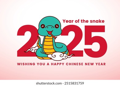 Chinese New Year with cute snake cartoon on 2025 big number sign. Red packet, bunting, social media templates.