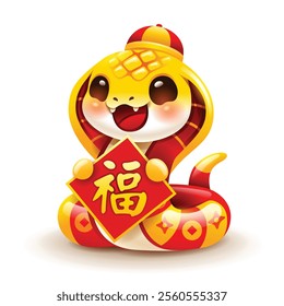 Chinese New Year cute snake character with Chinese greeting symbol. Isolated. Translation - Good fortune.