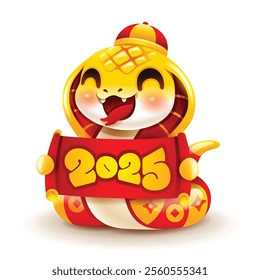 Chinese New Year cute snake character hold Chinese scroll 2025. Isolated.