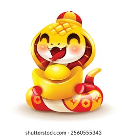 Chinese New Year cute snake character holds an Ingot. Isolated. 