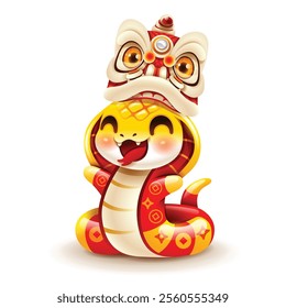 Chinese New Year cute snake character with Lion Dance Head. Isolated.