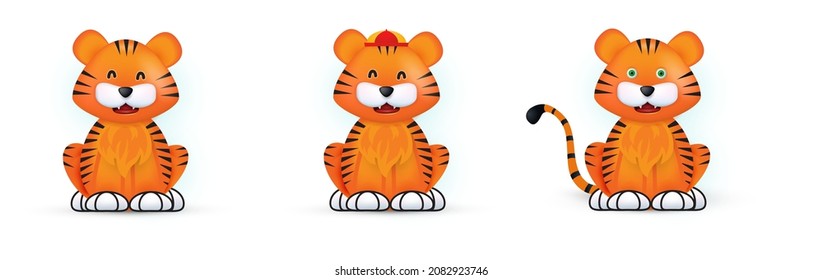 Chinese New Year cute tiger. Funny character in cartoon style. Year of the zodiac Tiger. Isolated on white. Vector illustration.