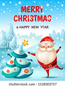 Chinese new year. Dance christmas tree and Santa Claus. 3d vector cartoon illustration.