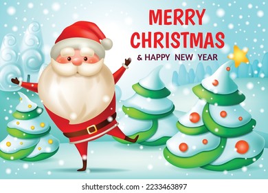 Chinese new year. Dance christmas tree and Santa Claus. 3d vector cartoon illustration.