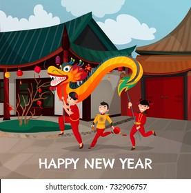 Chinese new year, dancing kids with colorful dragon and paper lanterns on background of homes vector illustration