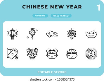 Chinese New Year Dashed Outline Icons Pack for UI. Editable Stroke. Pixel perfect thin line vector icon set for web design and website application.