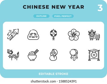 Chinese New Year Dashed Outline Icons Pack for UI. Editable Stroke. Pixel perfect thin line vector icon set for web design and website application.