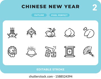 Chinese New Year Dashed Outline Icons Pack for UI. Editable Stroke. Pixel perfect thin line vector icon set for web design and website application.