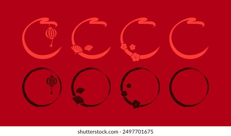 Chinese new year decoration. Asia oriental traditional ornament, frame and border. circle shape frame. Name signs and logo vector set. Japanese modern simple art with lantern, fan, flower elements.