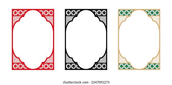 Chinese New Year decoration. Asian style Ornamnet 3 color set. Traditional frame and border. Paper cut art. Lunar new year template. Greeting card and red packet elements. Window art background.