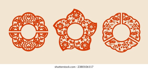 chinese new year decoration. china traditional ornament, frame and border set. lunar new year red elements. flower shape paper cut art. asian floral oriental borders. elegant pattern, background.