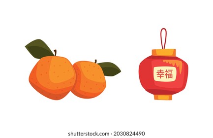 Chinese New Year Decoration Elements Set, Red Lantern and Tangerine Fruits Cartoon Vector Illustration