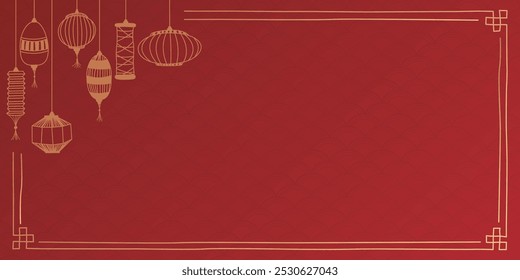 Chinese new year decoration frame with lantern hand drawn childish style on red horizontal background have blank space.