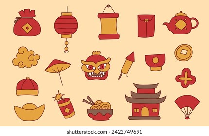 Chinese New Year Decoration Icon Vector Elements: Festive Designs for 2024 Celebrations, Chinese New Year Decorative Icon Vector Elements