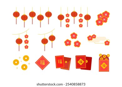 Chinese new year decoration set. Hanging lantern banner, red envelopes, script. "Blessing" in Chinese. Traditional holiday celebration concepts. Flat decorative vector design isolated illustration.