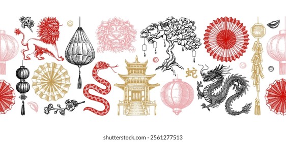 Chinese New Year decoration in sketch style. China seamless border on chalkboard. NOT AT generated