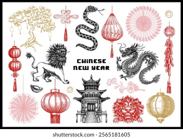 Chinese New Year decoration in sketch style. Vintage China sketches. Hand-drawn vector illustrations set. NOT AT generated